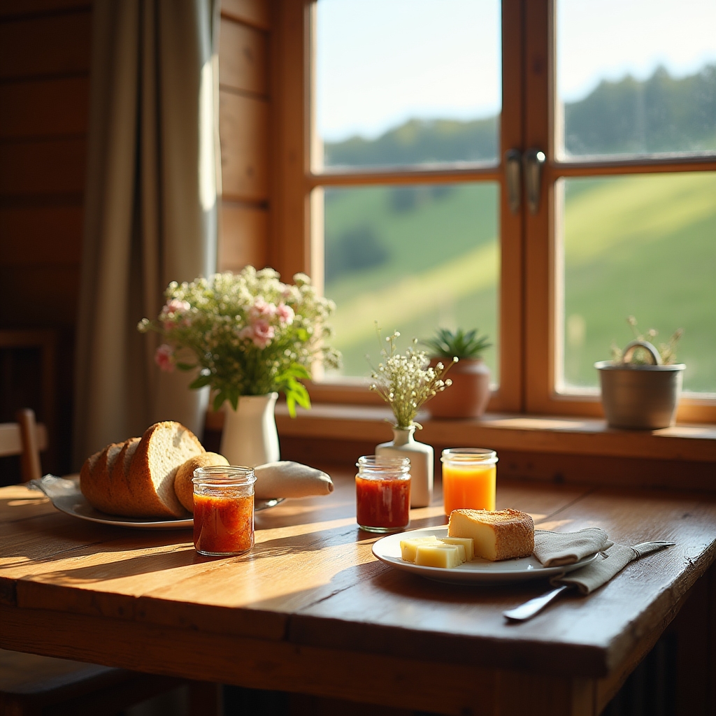 Gedeckter Frühstückstisch mit regionalen Produkten in einer kleinen Pension am Morgen