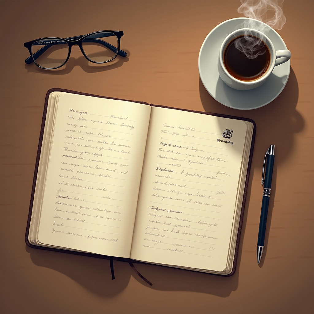 Aufgeschlagenes Notizbuch mit Workshop-Unterlagen, Stift und Kaffeetasse auf Holztisch