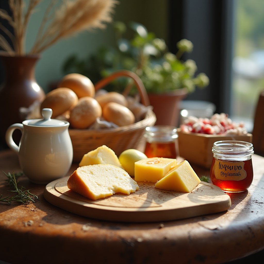 Frühstücksbuffet mit regionalen Produkten wie Marmeladen, Käse und frischem Brot