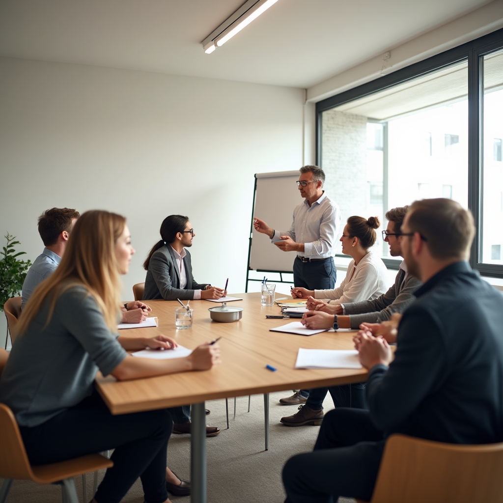 Kleine Gruppe von Workshop-Teilnehmenden sitzt an Tischen in einem hellen Seminarraum